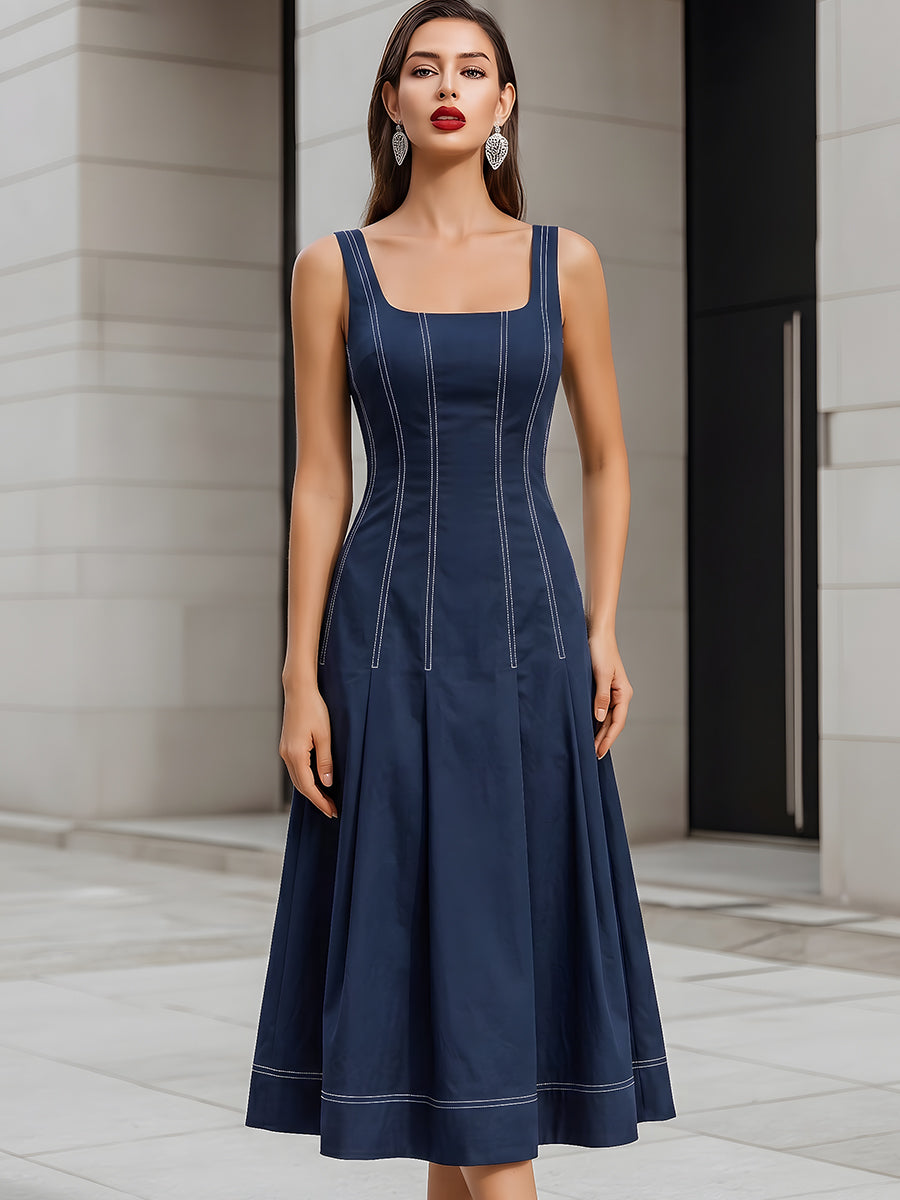 Olivia Bennet | Contrast Stitch Sleeveless Square Neck Midi Fit-and-Flare Dress