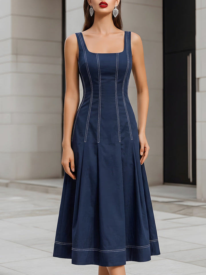 Olivia Bennet | Contrast Stitch Sleeveless Square Neck Midi Fit-and-Flare Dress