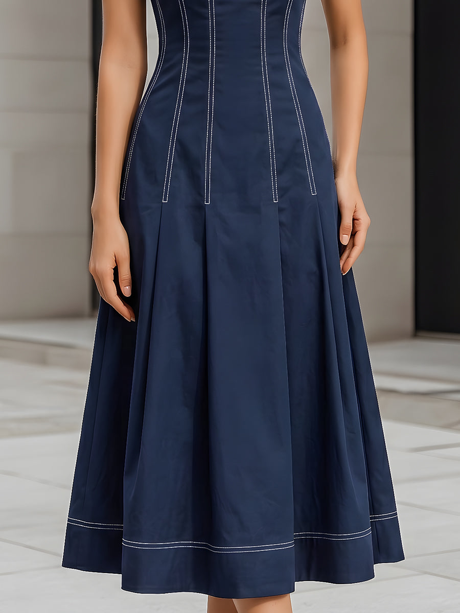 Olivia Bennet | Contrast Stitch Sleeveless Square Neck Midi Fit-and-Flare Dress