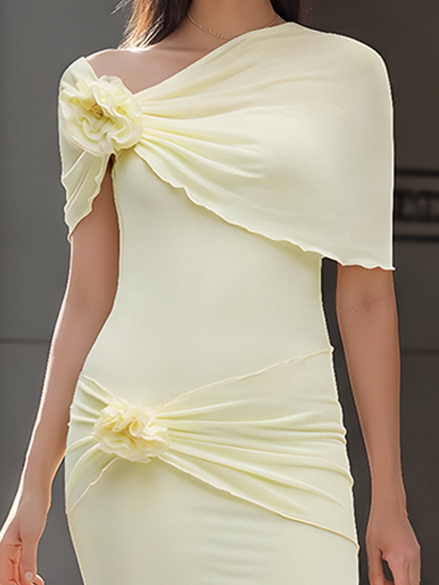 Olivia Bennet | One-Shoulder Floral Draped Bodycon Maxi Dress