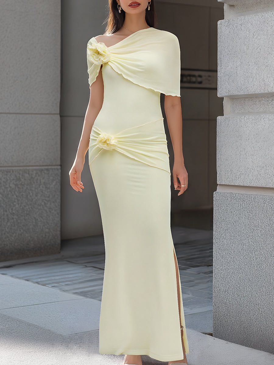 Olivia Bennet | One-Shoulder Floral Draped Bodycon Maxi Dress