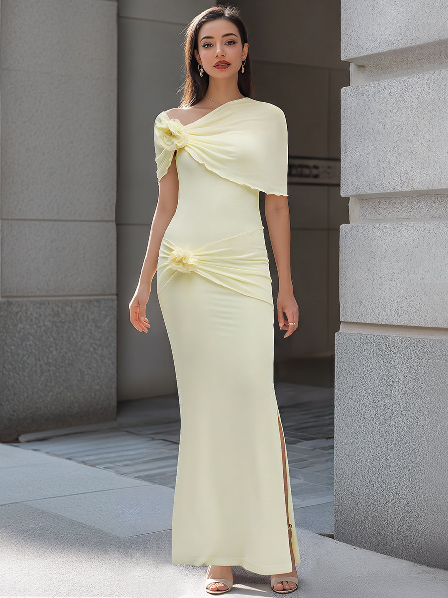 Olivia Bennet | One-Shoulder Floral Draped Bodycon Maxi Dress