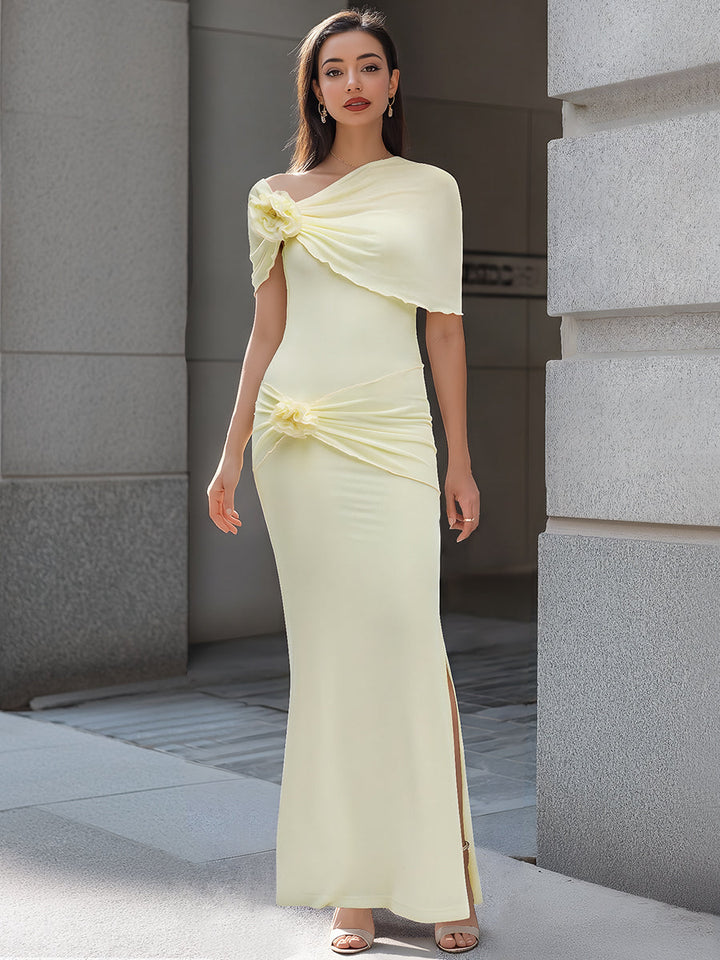 Olivia Bennet | One-Shoulder Floral Draped Bodycon Maxi Dress