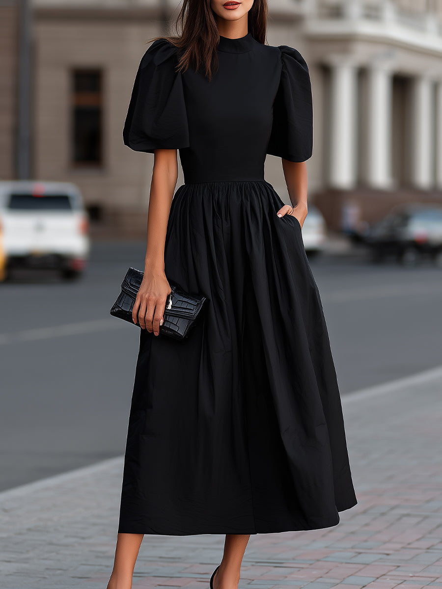 Olivia Bennet | High Neck Puff Sleeve Gathered Waist Midi Dress