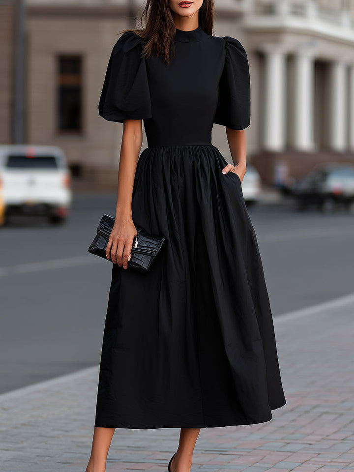 Olivia Bennet | High Neck Puff Sleeve Gathered Waist Midi Dress