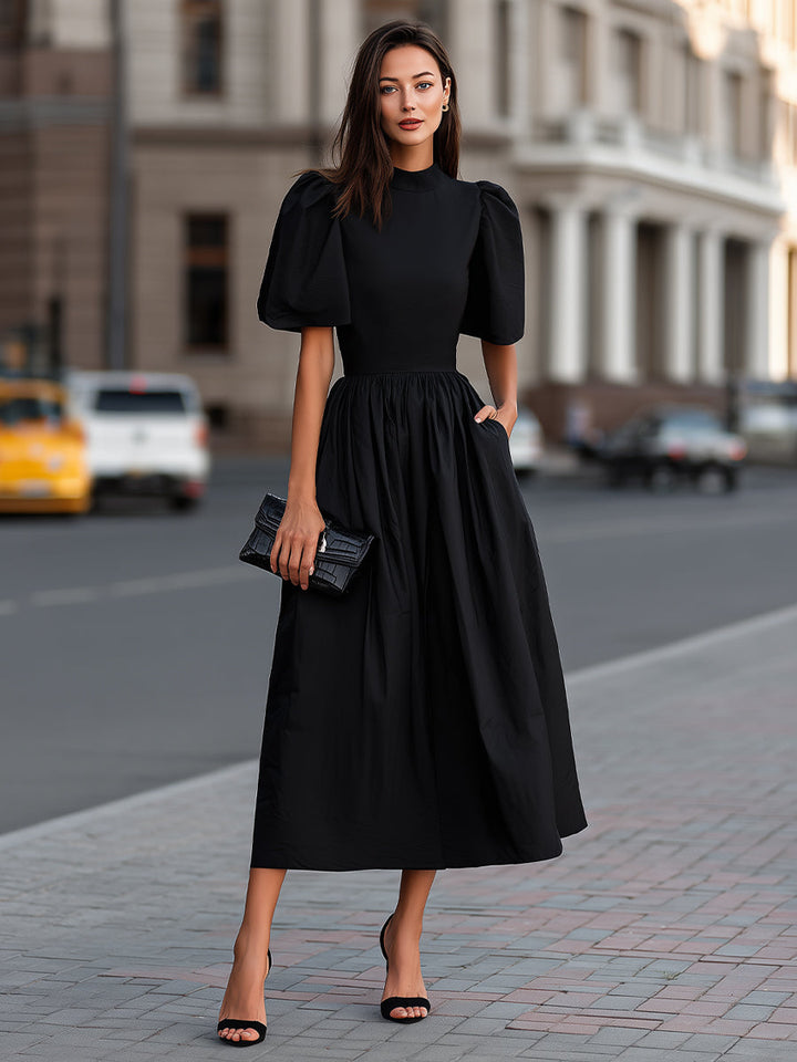 Olivia Bennet | High Neck Puff Sleeve Gathered Waist Midi Dress