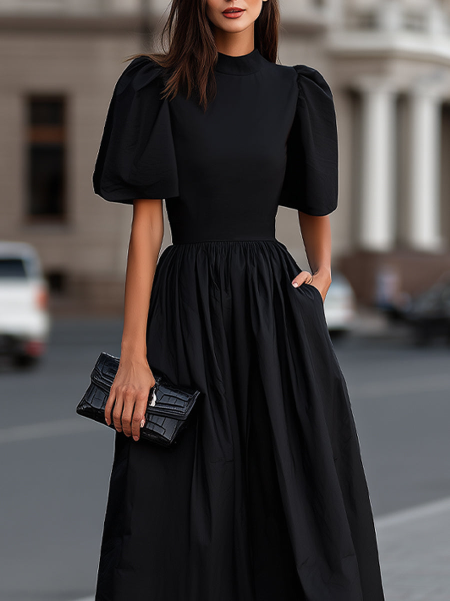Olivia Bennet | High Neck Puff Sleeve Gathered Waist Midi Dress