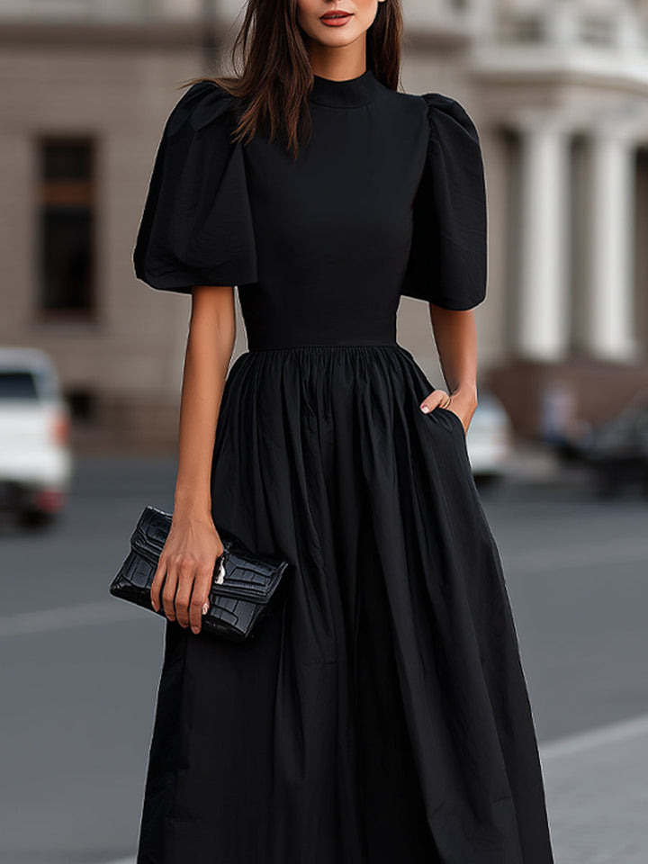 Olivia Bennet | High Neck Puff Sleeve Gathered Waist Midi Dress