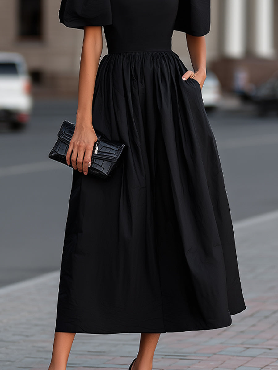 Olivia Bennet | High Neck Puff Sleeve Gathered Waist Midi Dress
