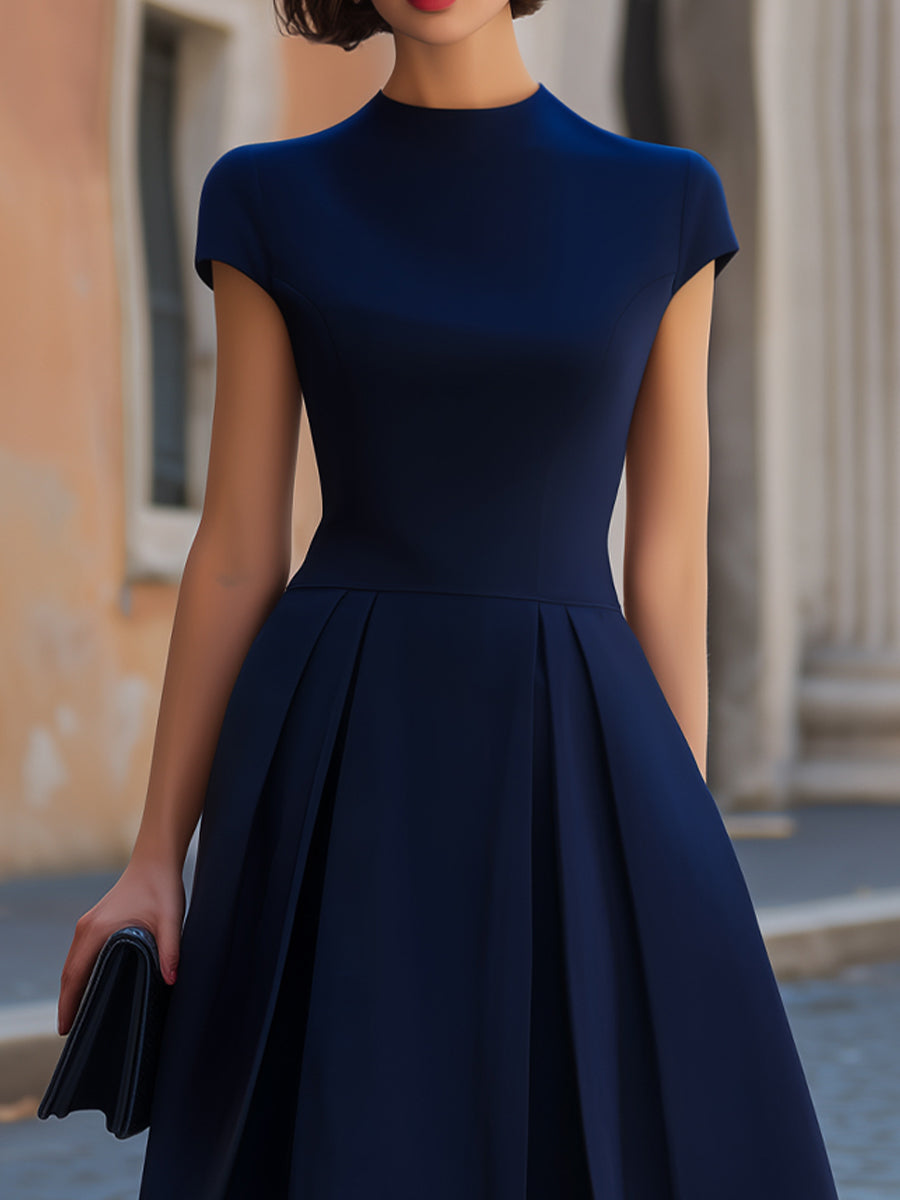 Olivia Bennet | Navy Blue High Neck Cap Sleeve Inverted Pleat A-Line Midi Dress