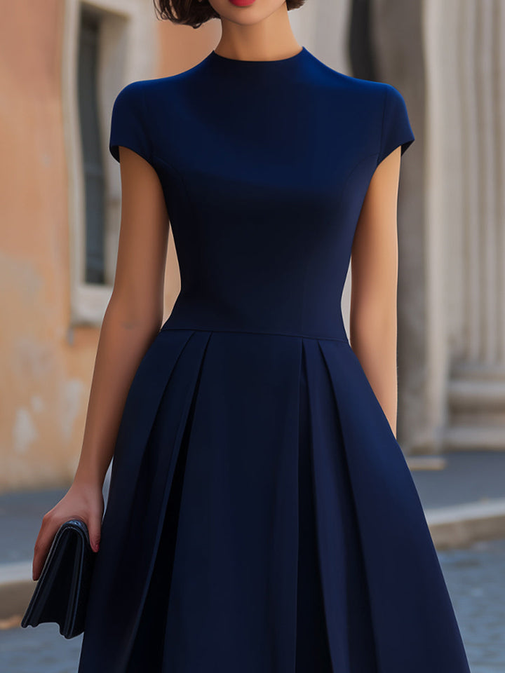 Olivia Bennet | Navy Blue High Neck Cap Sleeve Inverted Pleat A-Line Midi Dress
