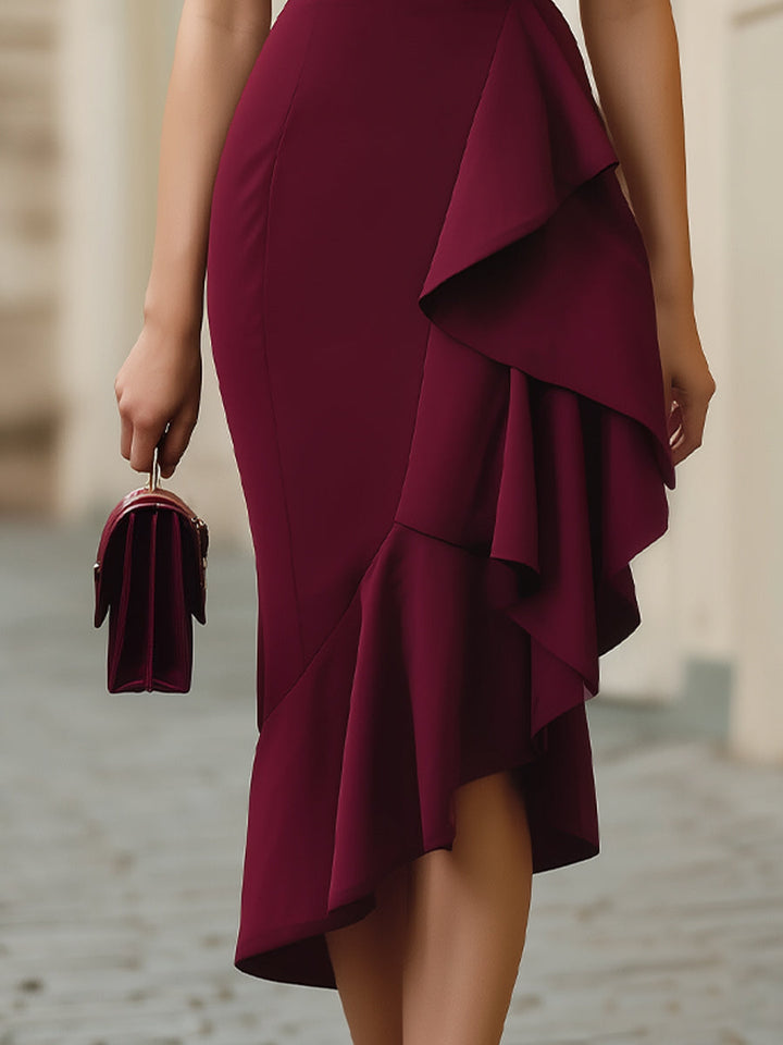 Olivia Bennet | Burgundy Off-the-Shoulder Asymmetric Ruffle Bodycon Midi Dress