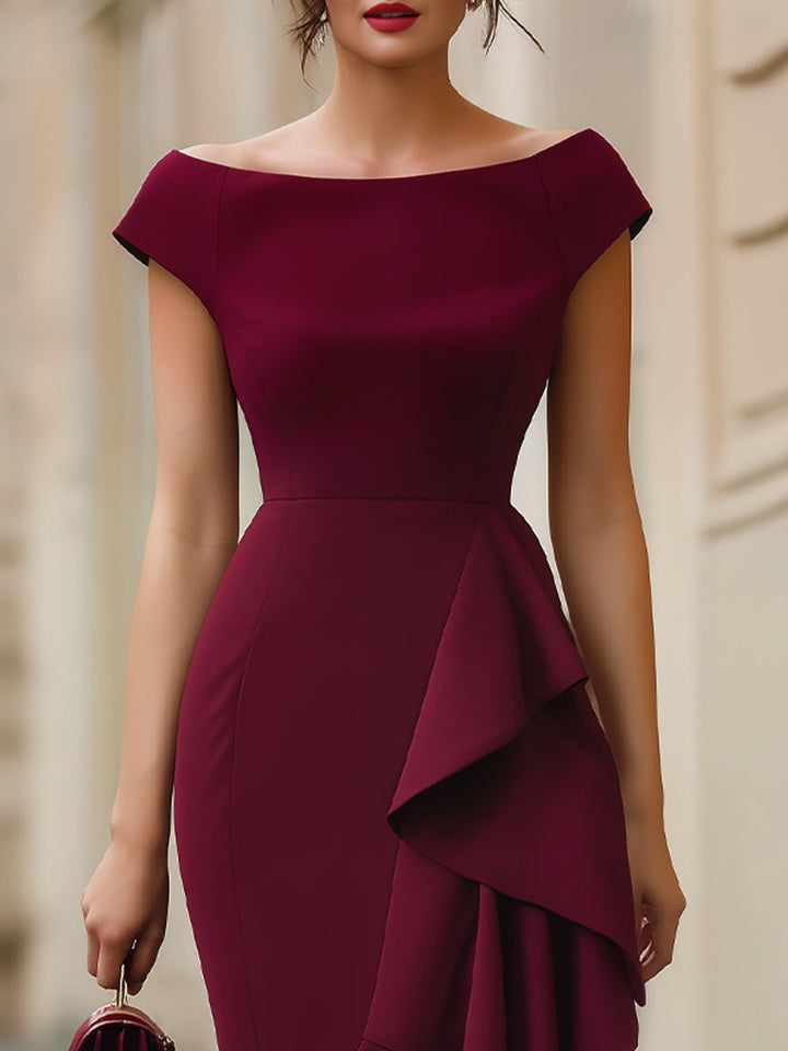 Olivia Bennet | Burgundy Off-the-Shoulder Asymmetric Ruffle Bodycon Midi Dress