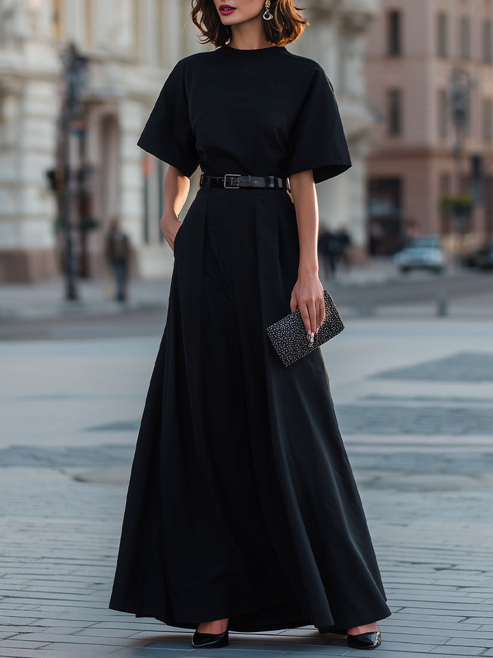 Olivia Bennet | Round Neck Short Sleeve Belted A-Line Maxi Dress