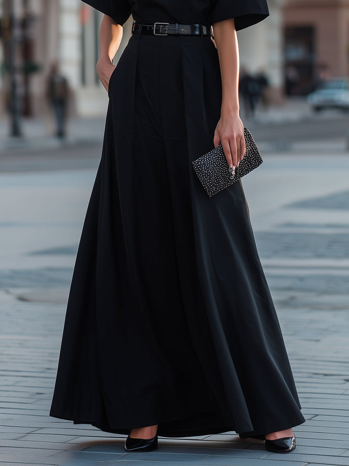 Olivia Bennet | Round Neck Short Sleeve Belted A-Line Maxi Dress