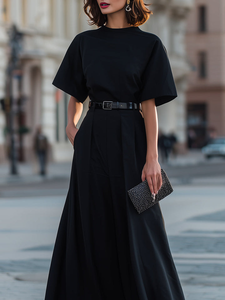 Olivia Bennet | Round Neck Short Sleeve Belted A-Line Maxi Dress