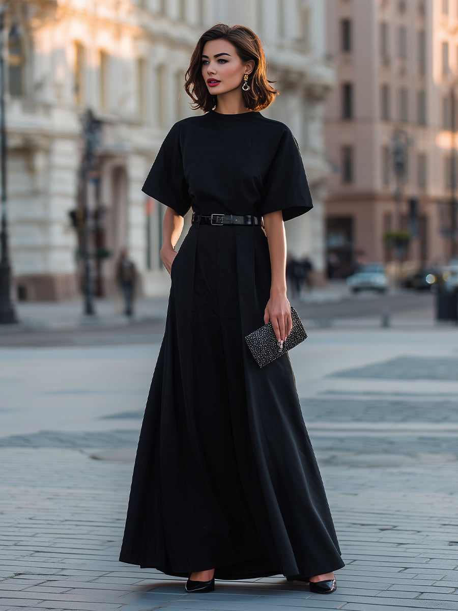 Olivia Bennet | Round Neck Short Sleeve Belted A-Line Maxi Dress