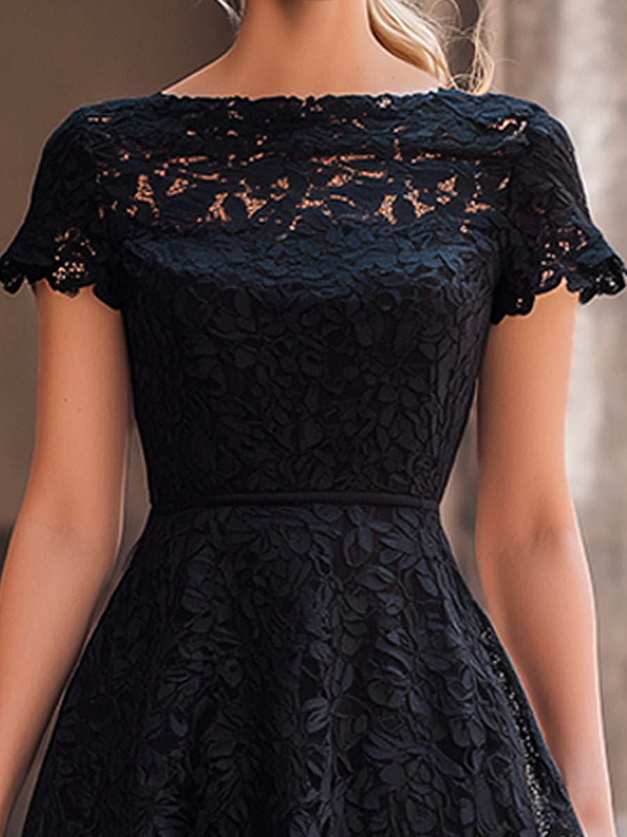 Olivia Bennet | Elegant Floral Lace Boat Neck A-Line Midi Dress