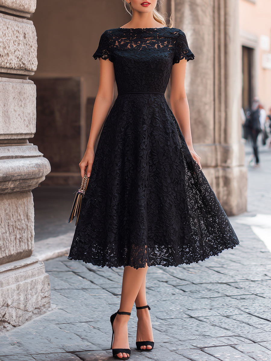 Olivia Bennet | Elegant Floral Lace Boat Neck A-Line Midi Dress