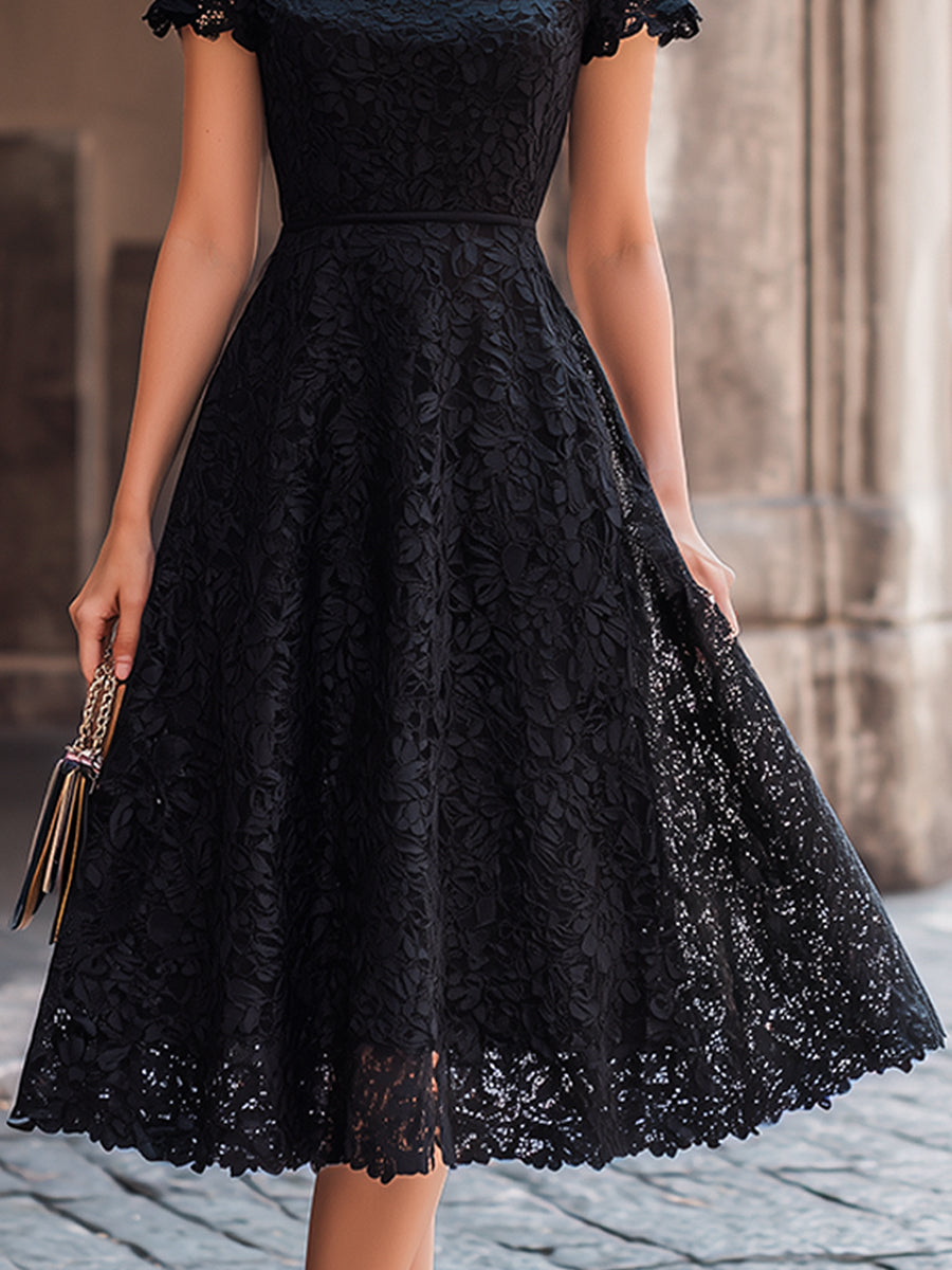 Olivia Bennet | Elegant Floral Lace Boat Neck A-Line Midi Dress