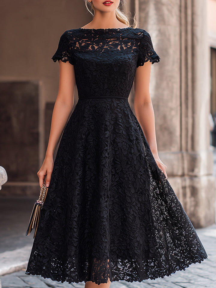 Olivia Bennet | Elegant Floral Lace Boat Neck A-Line Midi Dress