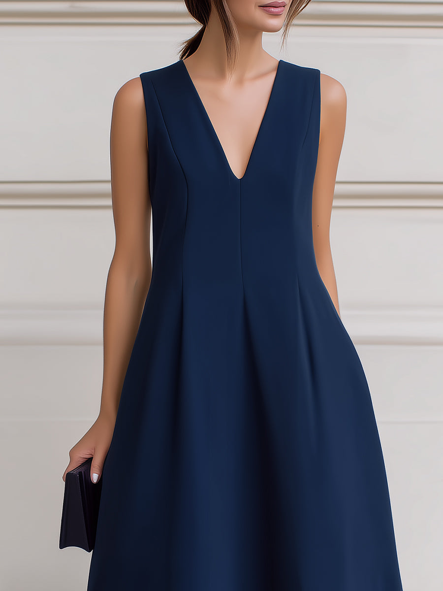 Olivia Bennet | Sleeveless Deep V-Neck Inverted Pleat A-Line Midi Dress