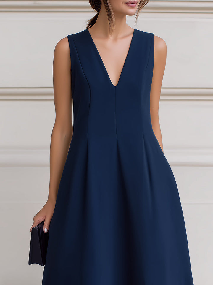 Olivia Bennet | Sleeveless Deep V-Neck Inverted Pleat A-Line Midi Dress