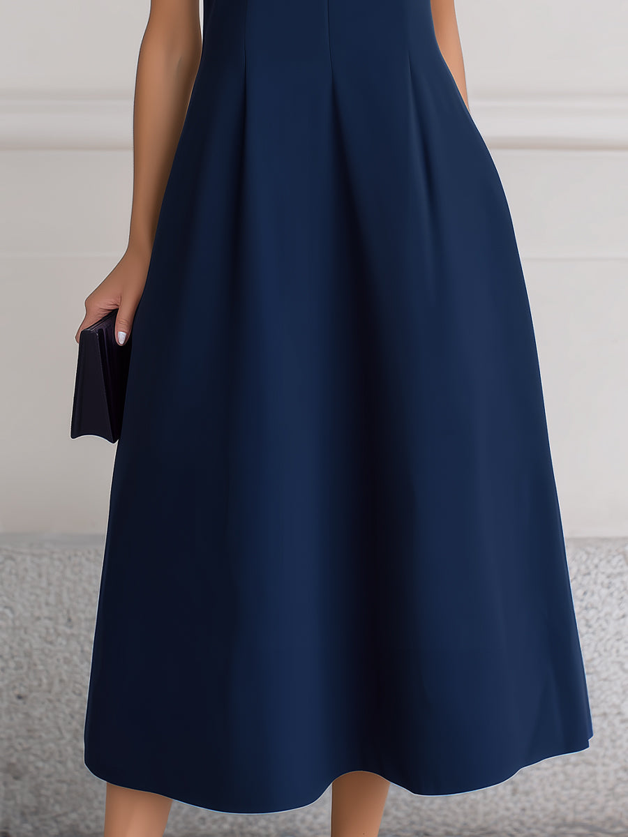 Olivia Bennet | Sleeveless Deep V-Neck Inverted Pleat A-Line Midi Dress