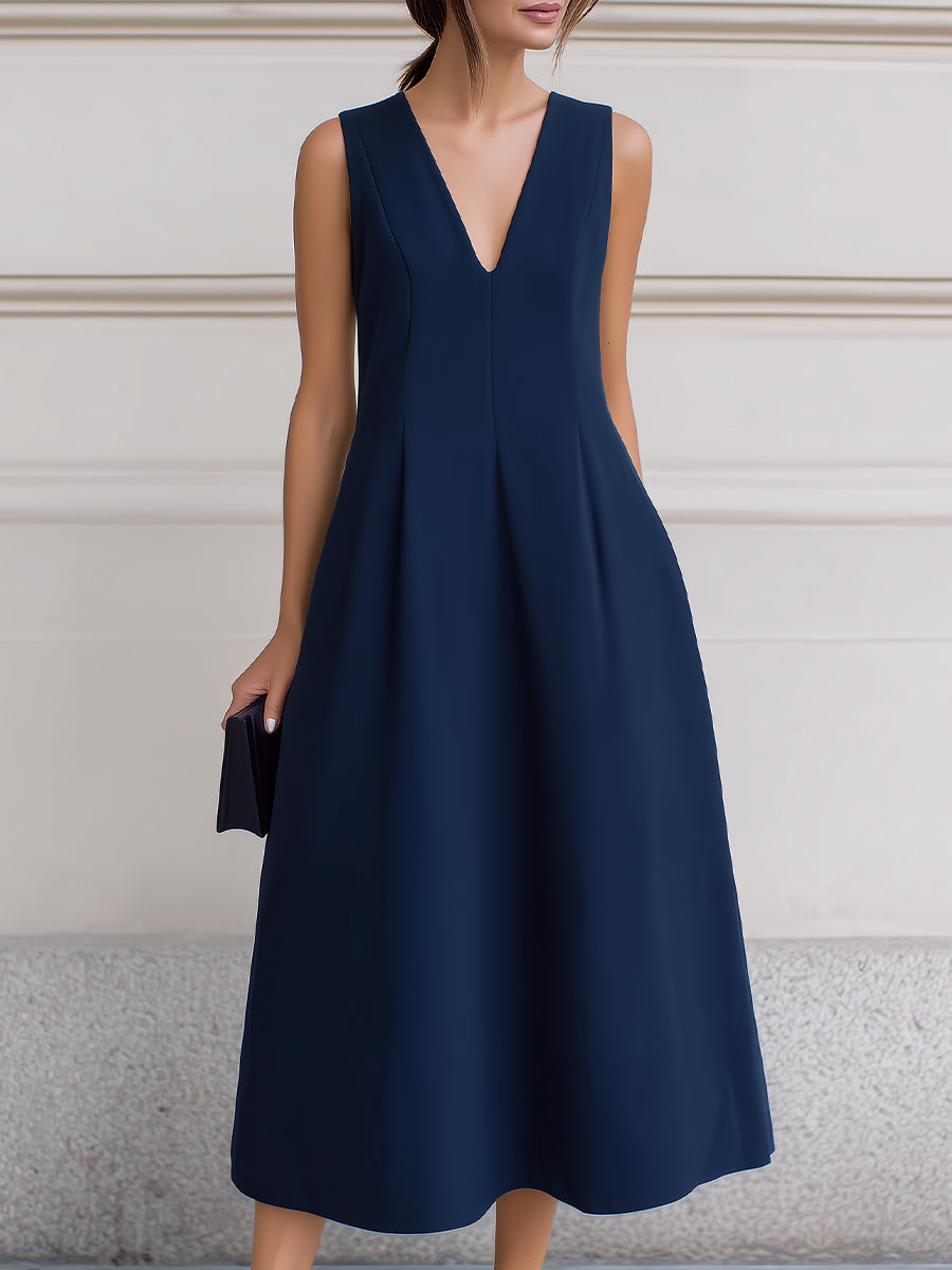 Olivia Bennet | Sleeveless Deep V-Neck Inverted Pleat A-Line Midi Dress