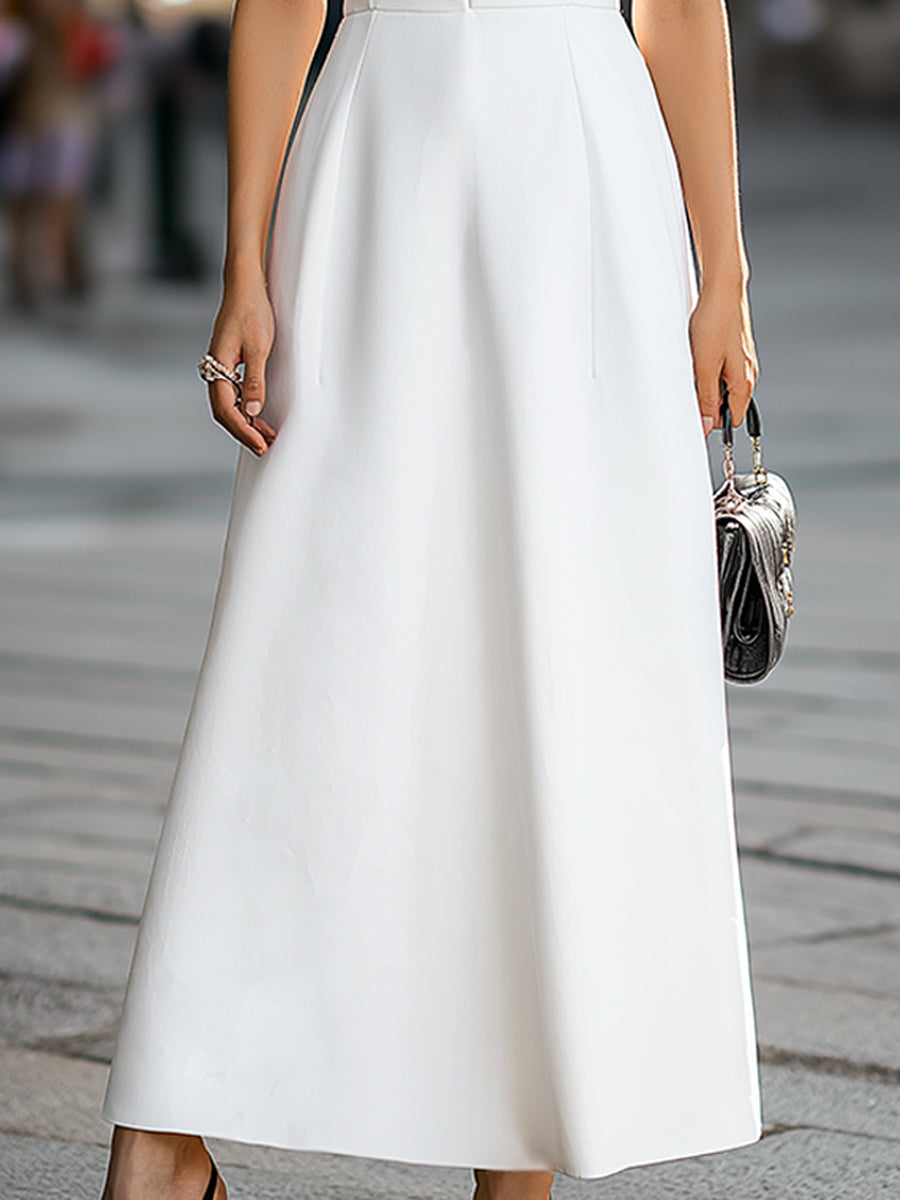 Olivia Bennet | Tailored Sleeveless Collared Deep V A-Line Midi Dress