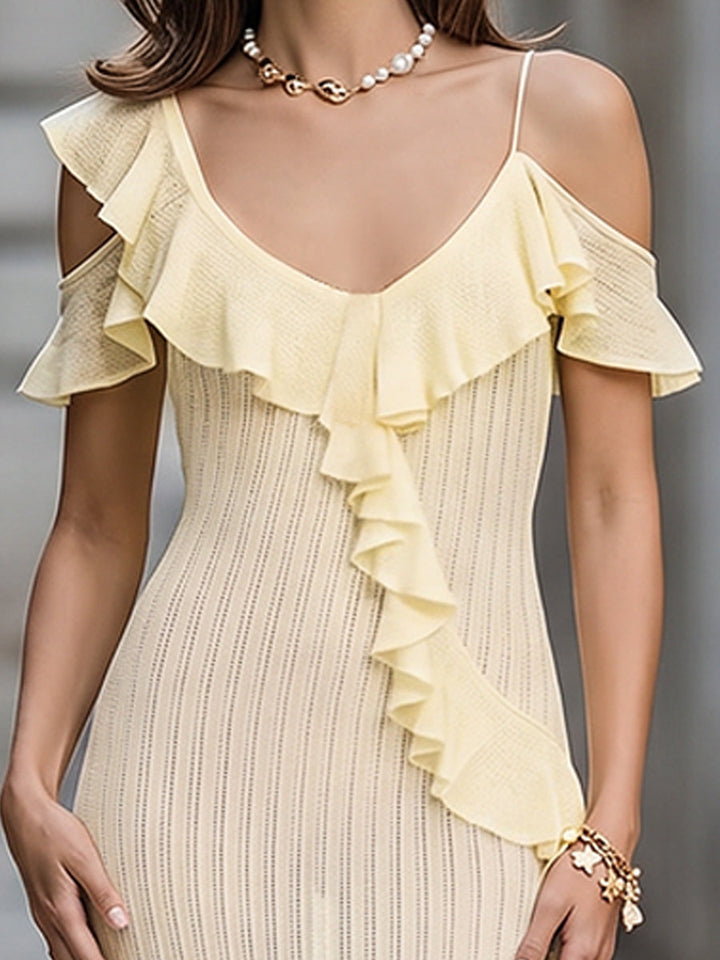 Olivia Bennet | Ruffled Cold-Shoulder Knit Bodycon Midi Dress