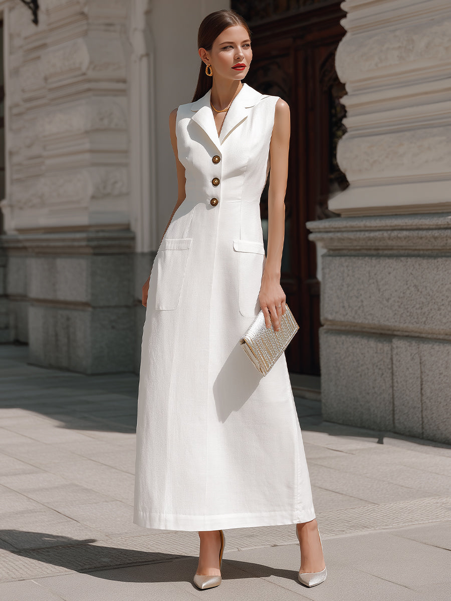 Olivia Bennet | Structured Button-Front Sleeveless Tailored Maxi Dress