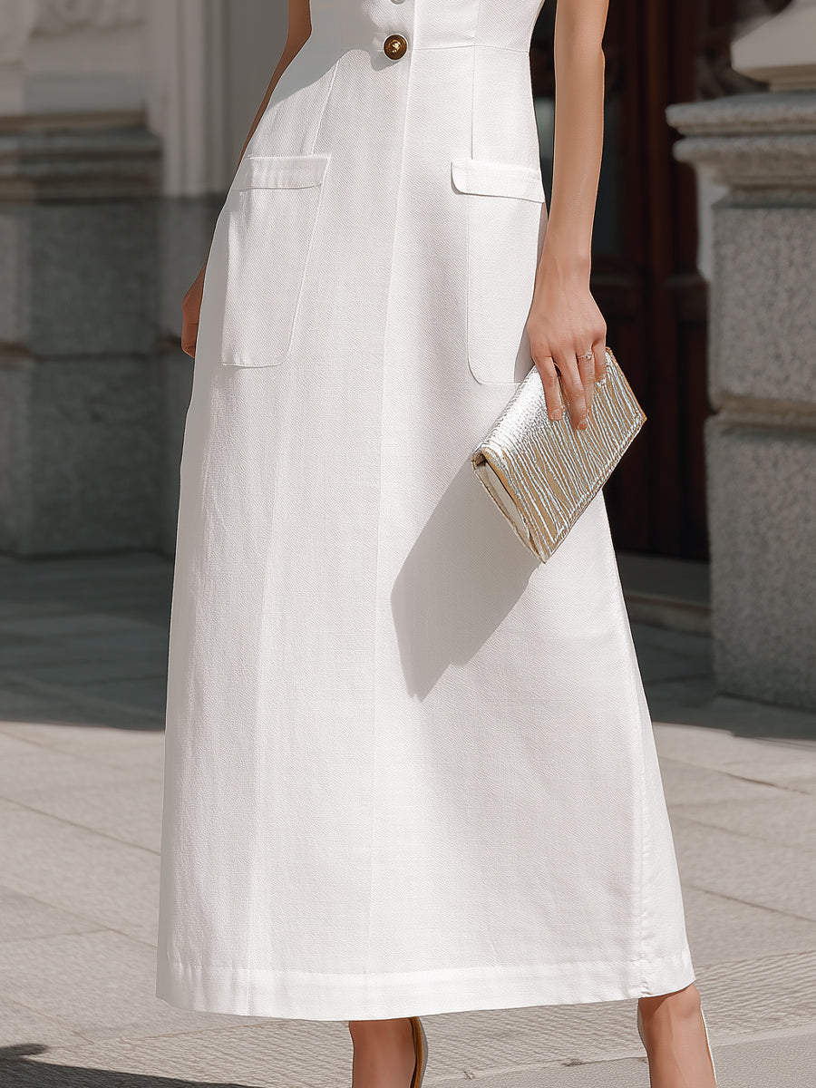 Olivia Bennet | Structured Button-Front Sleeveless Tailored Maxi Dress
