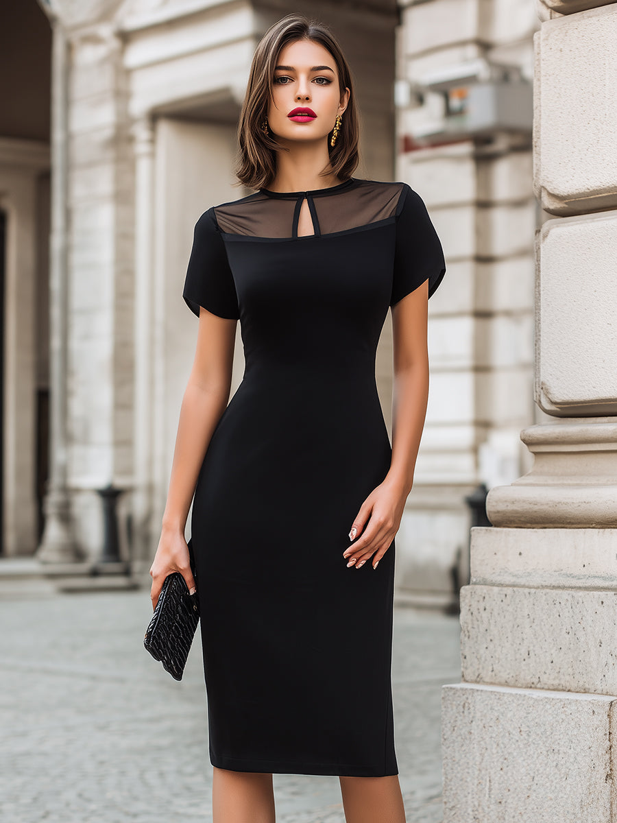 Olivia Bennet | Sheer Panel Keyhole Neckline Short Sleeve Sheath Dress