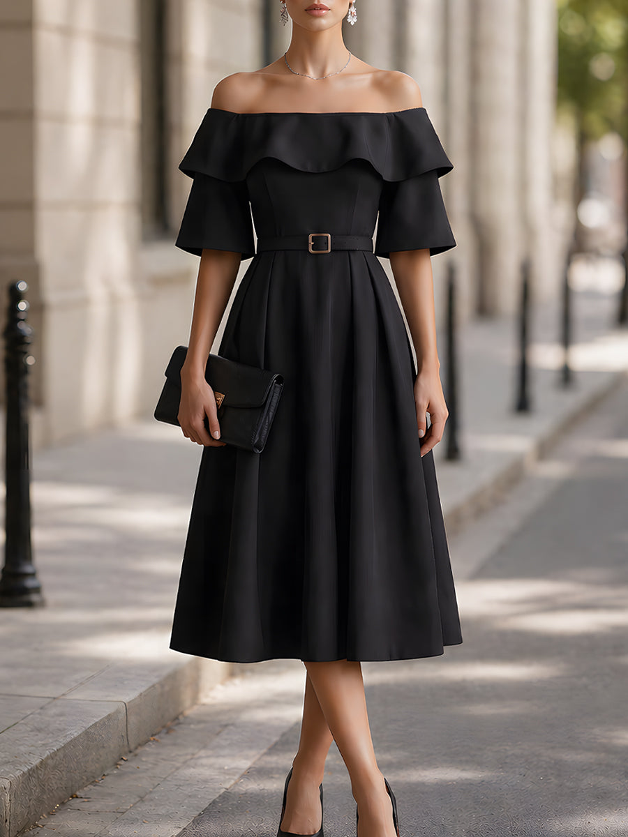 Olivia Bennet | Off-Shoulder Belted Ruffle Sleeve A-Line Midi Dress