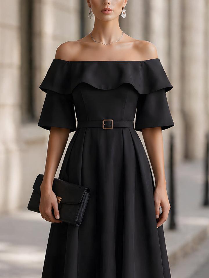 Olivia Bennet | Off-Shoulder Belted Ruffle Sleeve A-Line Midi Dress