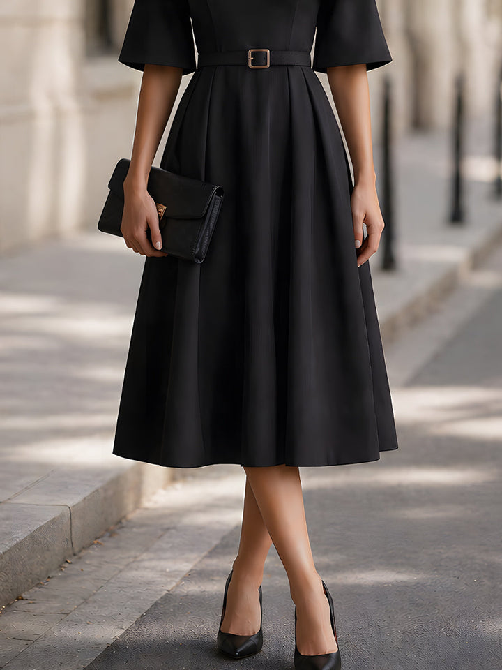 Olivia Bennet | Off-Shoulder Belted Ruffle Sleeve A-Line Midi Dress