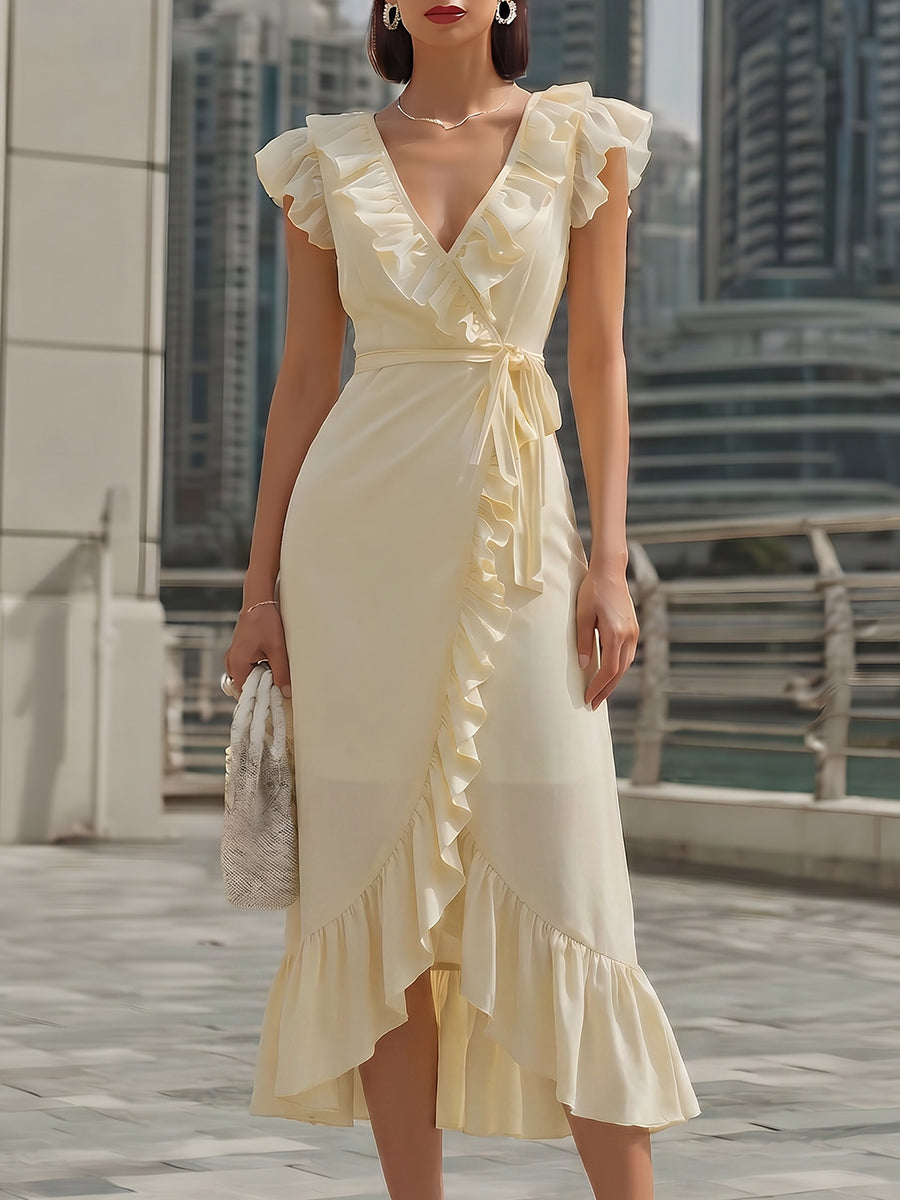 Olivia Bennet | Chiffon Ruffled Wrap Midi Dress