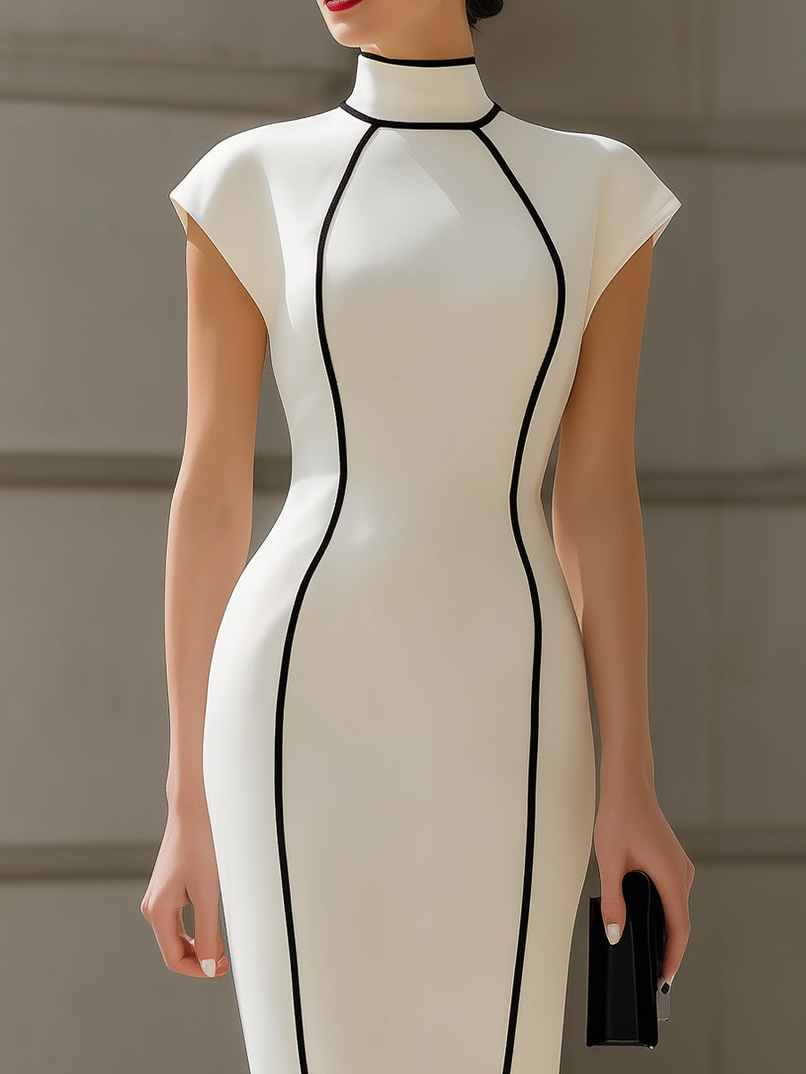 Olivia Bennet | High-Neck Black Piping Cap-Sleeve Bodycon Midi Dress