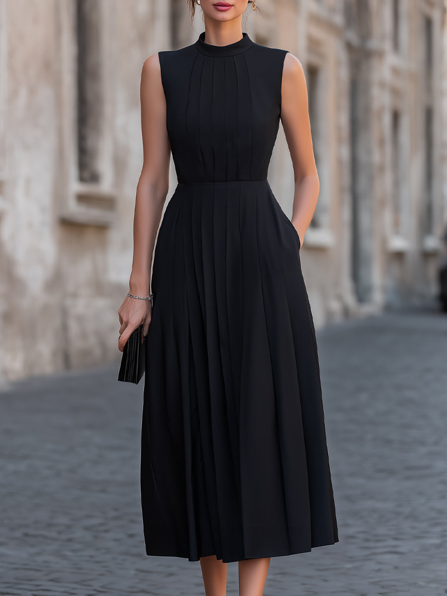 Olivia Bennet | Pleated High-Neck Sleeveless Midi Dress