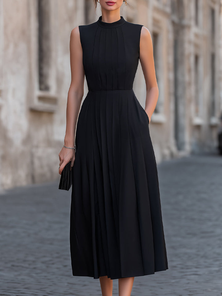 Olivia Bennet | Pleated High-Neck Sleeveless Midi Dress