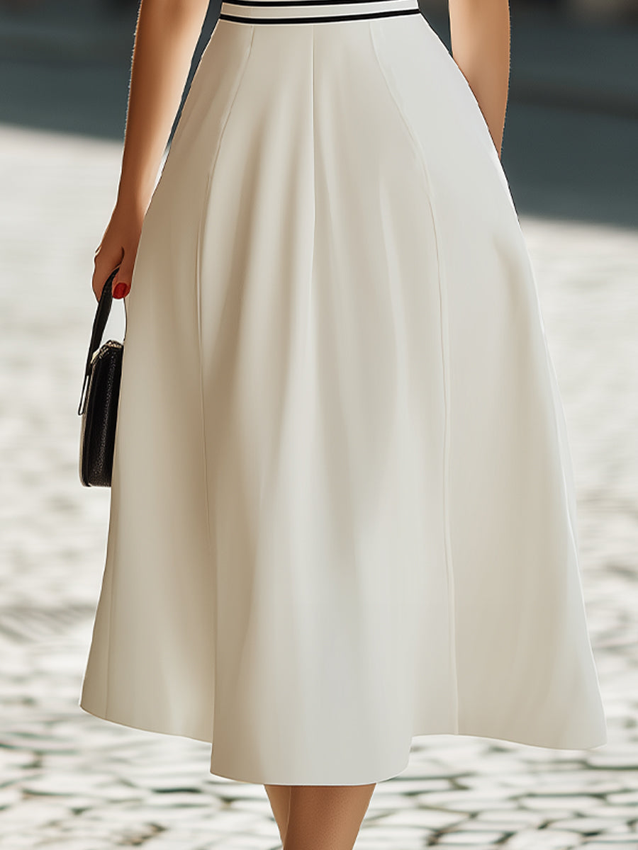 Olivia Bennet | Deep V-Neck Black Trim Short-Sleeve A-Line Midi Dress
