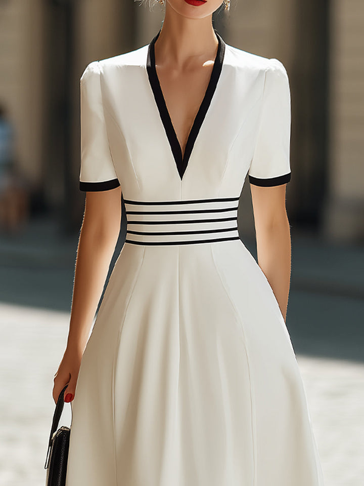 Olivia Bennet | Deep V-Neck Black Trim Short-Sleeve A-Line Midi Dress