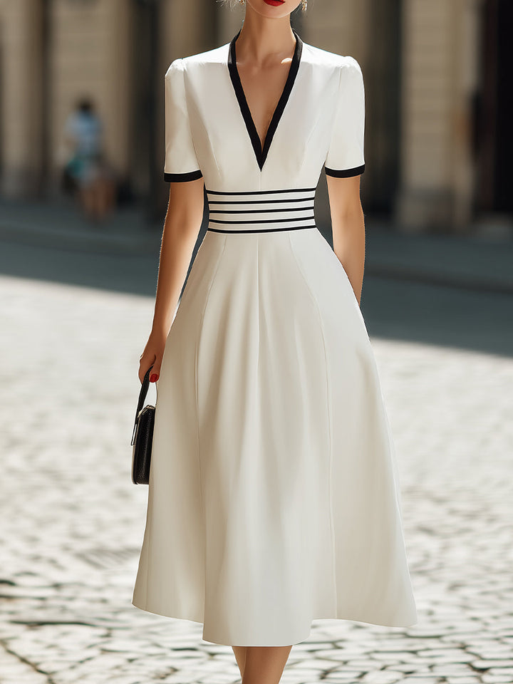 Olivia Bennet | Deep V-Neck Black Trim Short-Sleeve A-Line Midi Dress