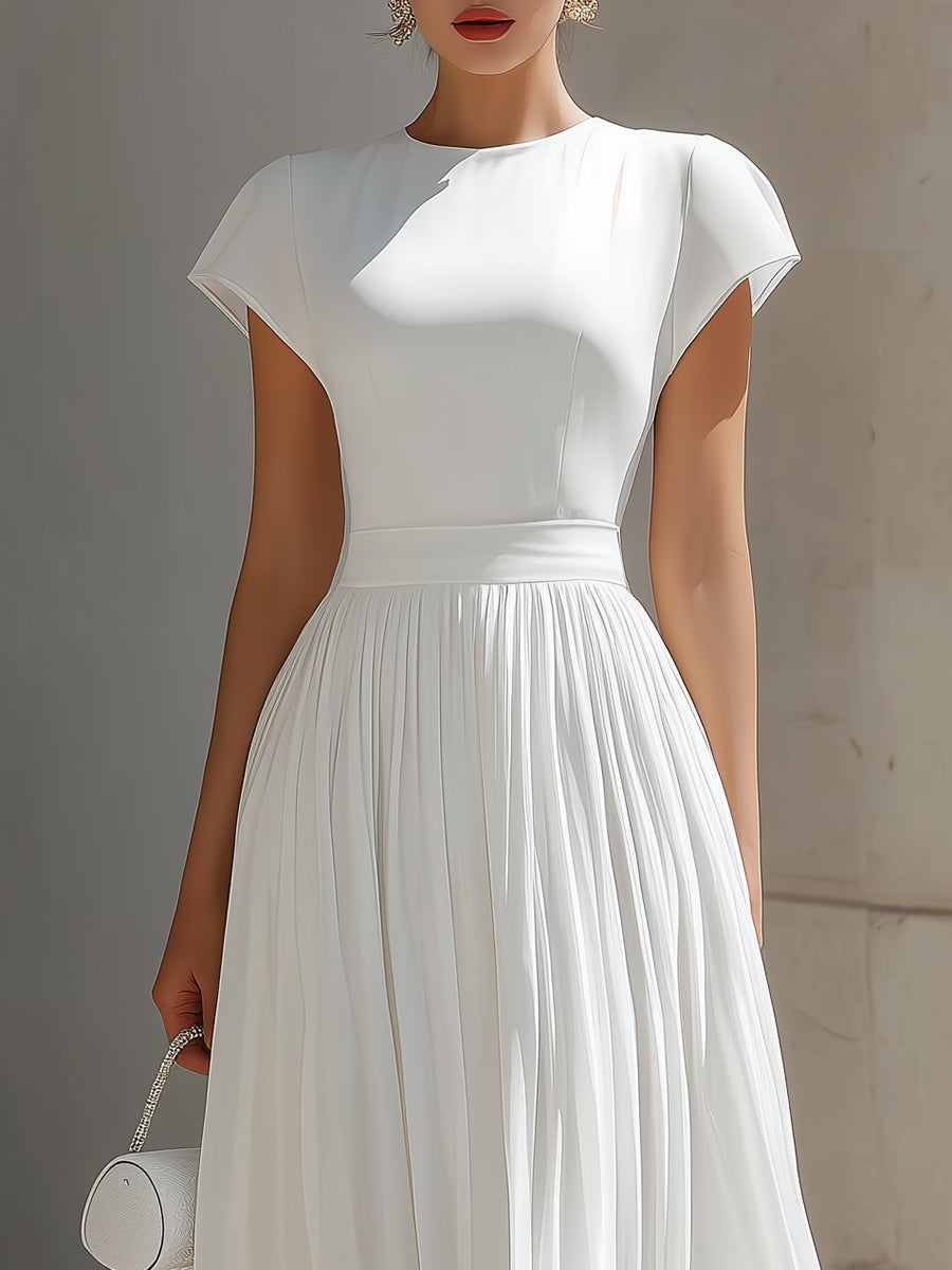 Olivia Bennet | Round Neck Cap Sleeve Pleated Chiffon Waisted Maxi Dress