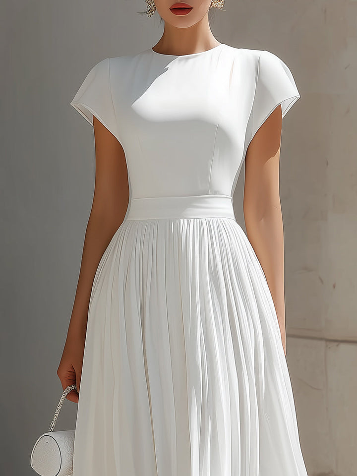 Olivia Bennet | Round Neck Cap Sleeve Pleated Chiffon Waisted Maxi Dress