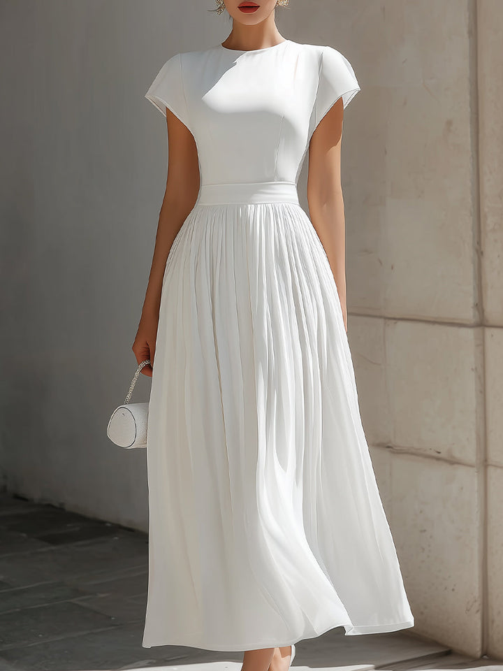 Olivia Bennet | Round Neck Cap Sleeve Pleated Chiffon Waisted Maxi Dress