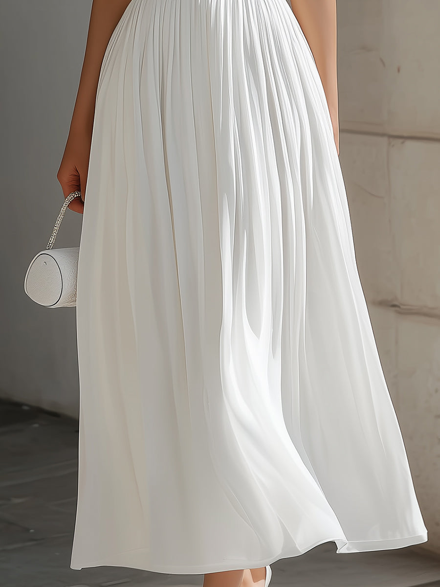 Olivia Bennet | Round Neck Cap Sleeve Pleated Chiffon Waisted Maxi Dress