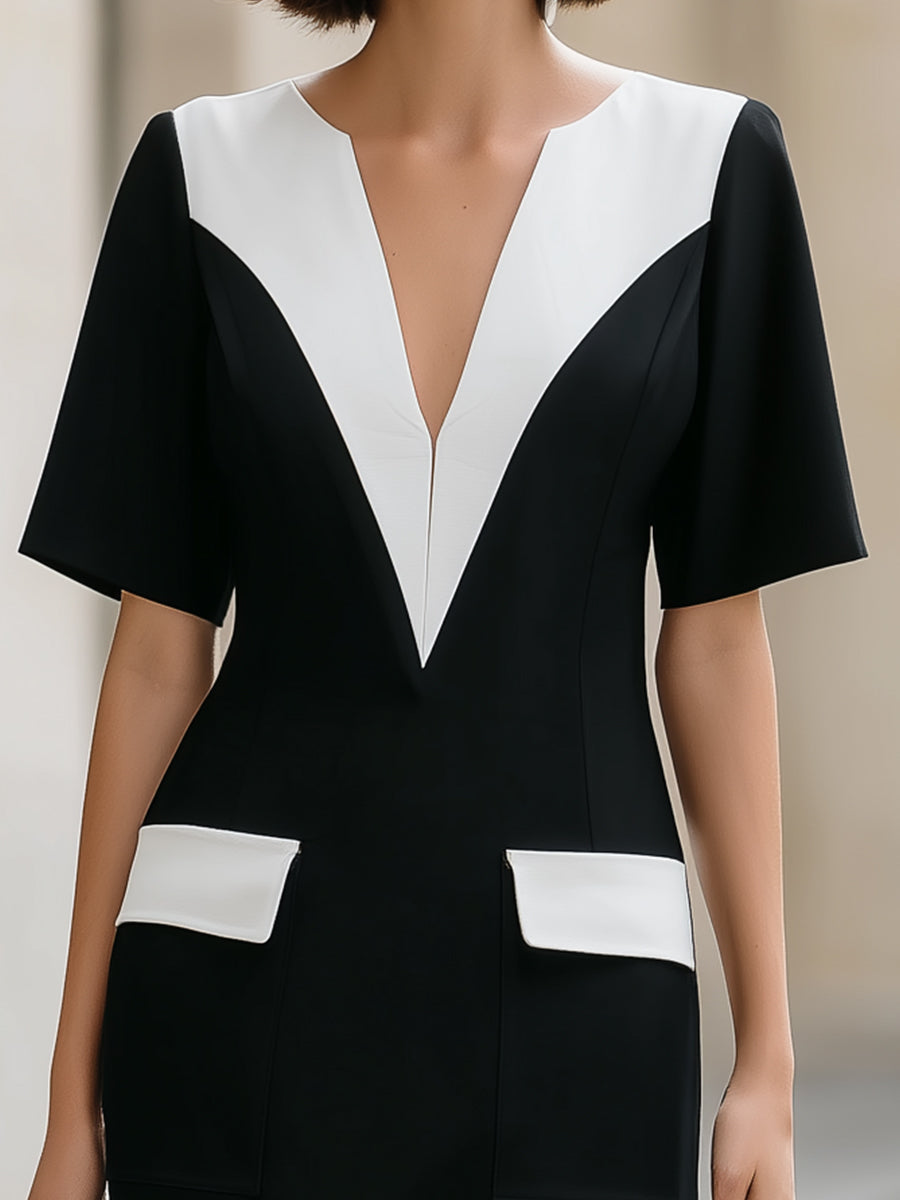 Olivia Bennet | Color-Block V-Neck Short Sleeve Bodycon Mini Dress