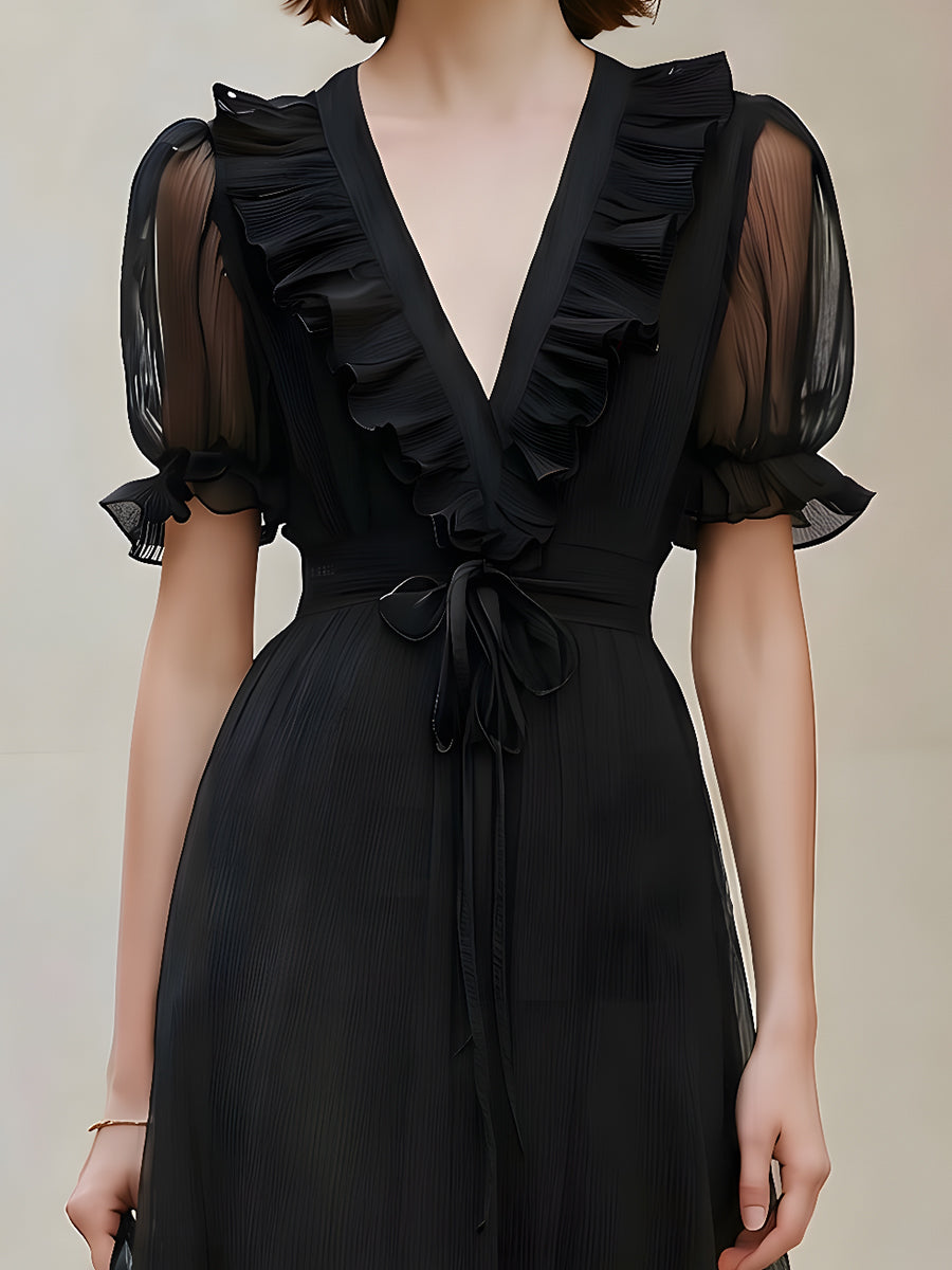 Olivia Bennet | Sheer Chiffon Ruffled V-Neck Midi Dress